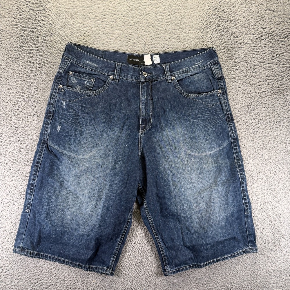 Vintage Rocawear Shorts Mens 42 Blue Cotton Denim Bermuda‎ Baggy Faded Travel